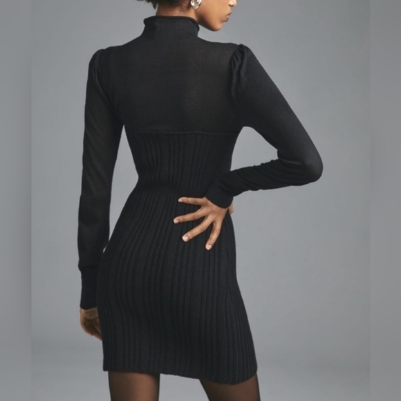 Anthropologie Turtleneck Mini Sweater Dress in Ribbed Knit Black Size Large NWT - Picture 3 of 7